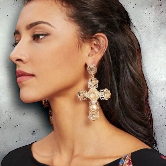 Gold Rosette Crystal Hanging Cross Statement Post Earrings NEW - Picture 4 of 4